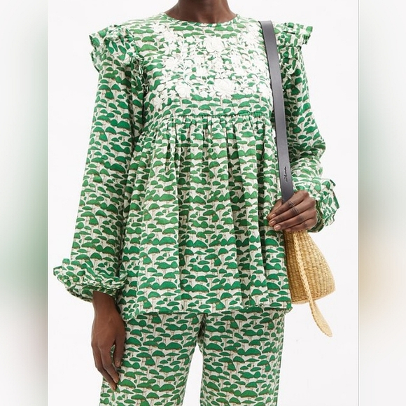 Muzungu Sisters Nora Ruffled Mushroom Print Linen Blouse Green Medium - Picture 3 of 12